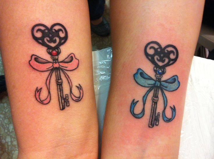 Pink And Blue Ribbon Bow On Two Heart shape Key Tattoo On Daughter Both Wrist
