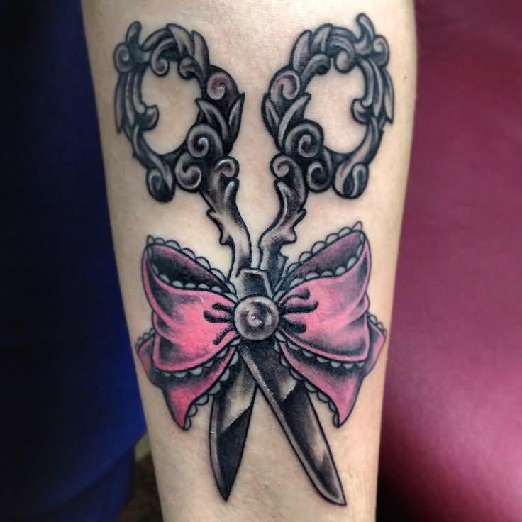 Pink Ribbon Bow In Black Scissor Tattoo On Forearm
