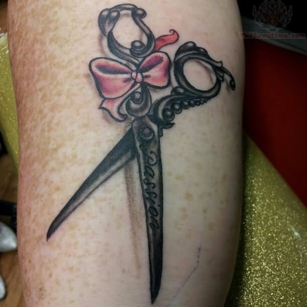Pink Ribbon Bow On Black Scissor Tattoo Design