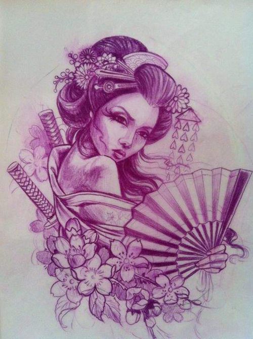 Purple And Grey Geisha With Flowers Tattoo Design
