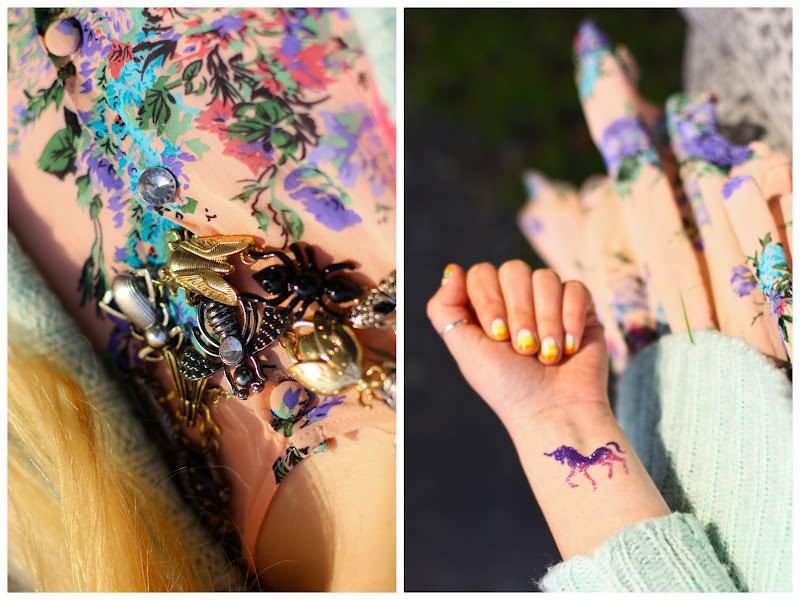 Purple And Pink Little Unicorn Tattoo On Girl Wrist