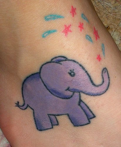 Purple Elephant Calf With Stars Tattoo On Foot