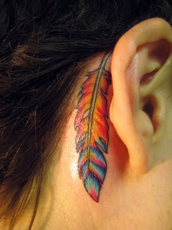 Rainbow Color Feather Tattoo On Behind The Ear