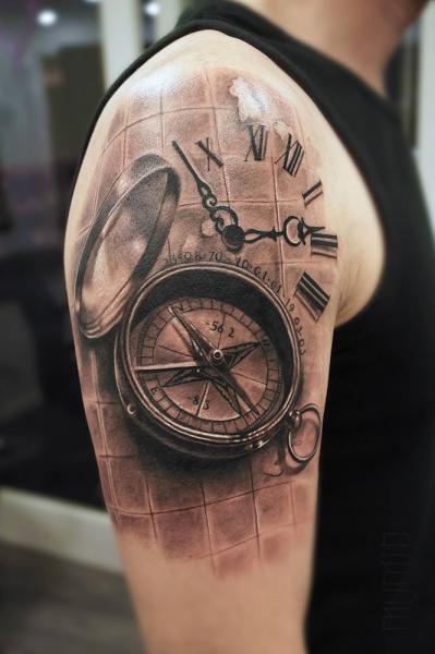 Realistic 3D Clock And Pocket Watch Tattoo On Shoulder By Mumia