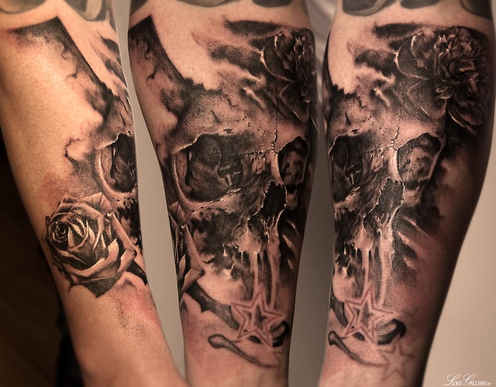 Realistic 3D Horror Skull With Rose Tattoo On Forearm