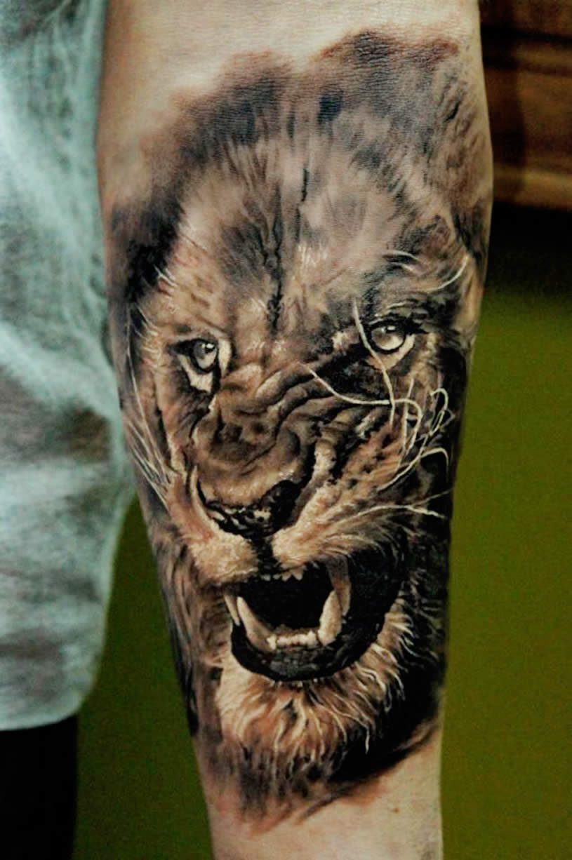 Realistic 3D Lion Head Tattoo On Forearm