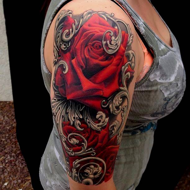 Realistic 3D Red Roses Tattoo On Girl Half Sleeve