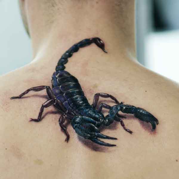 Realistic Black 3D Scorpion Tattoo On Upper Back