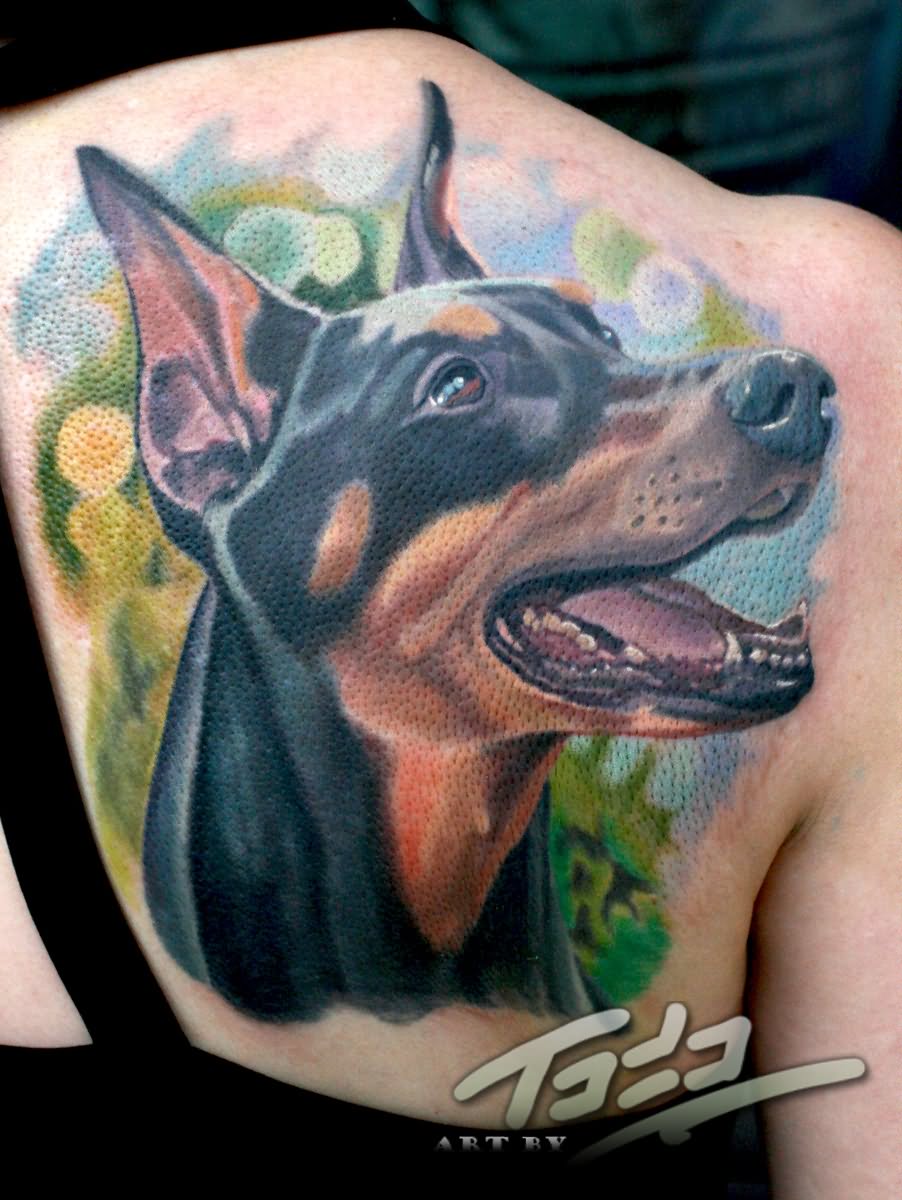 Realistic Colorful Dog Head Tattoo On Girl Back Shoulder