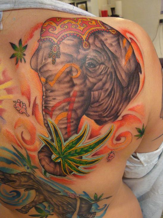 Realistic Elephant Tattoo on Back Shoulder by Fabian Cobos
