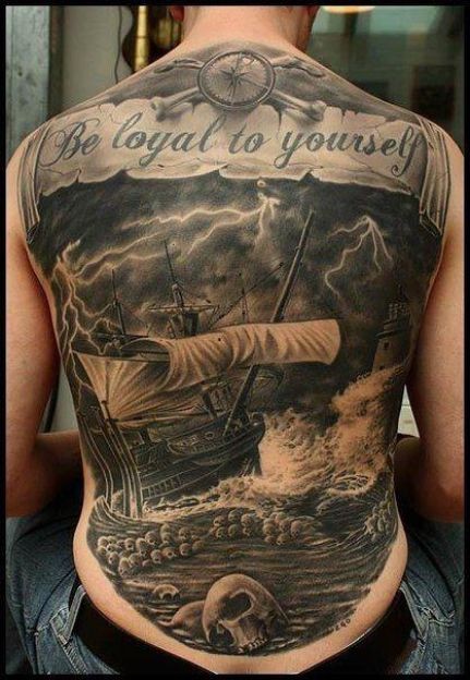 Realistic Grey Nautical Tattoo On Back Body