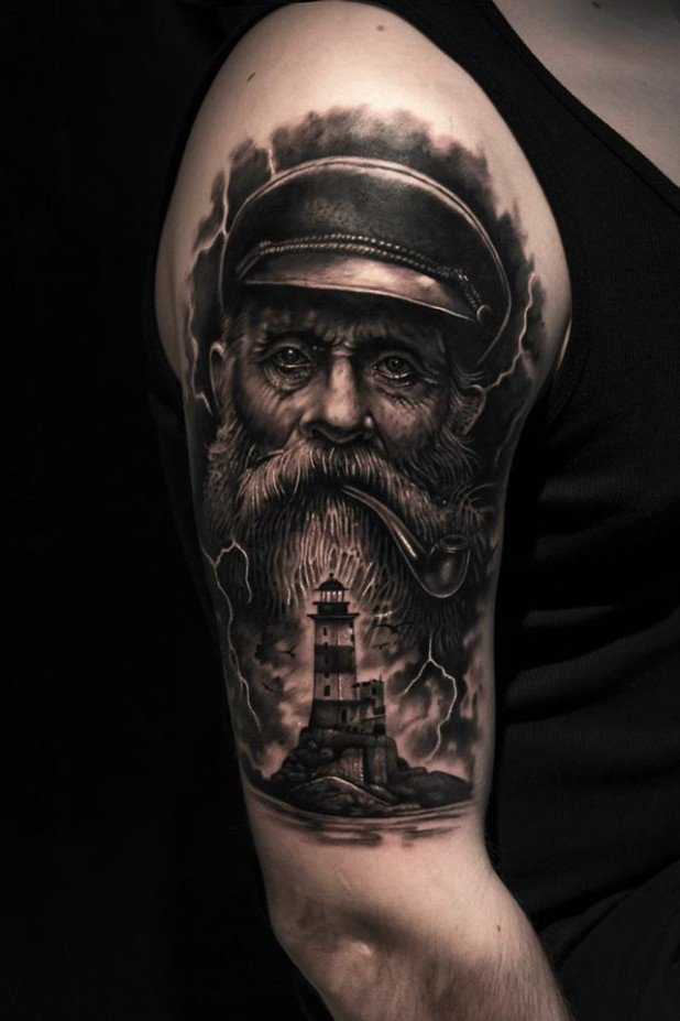 Realistic Nautical Light House Tattoo On Right Half Sleeve