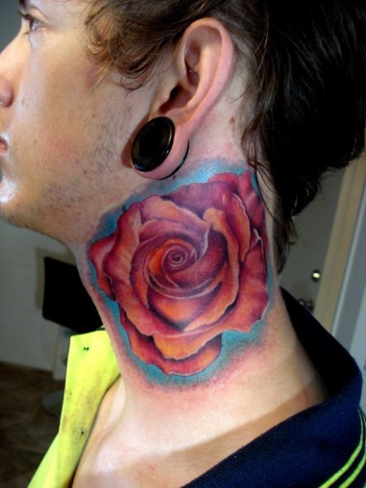 Realistic Red Rose Tattoo On Side Neck