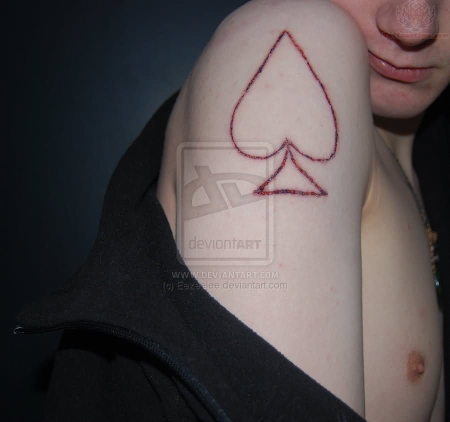 Red Ace Outline Tattoo On Man Shoulder