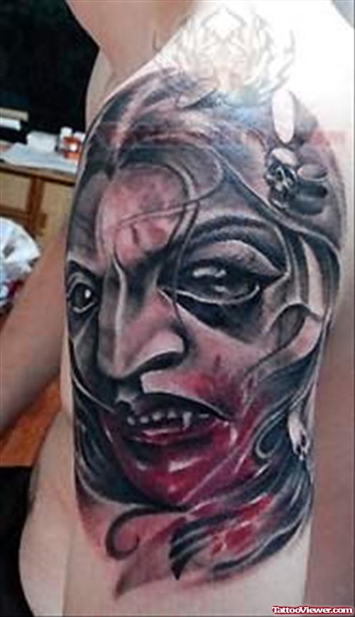 Red And Black Vampire Girl Face Tattoo On Shoulder By Olivia