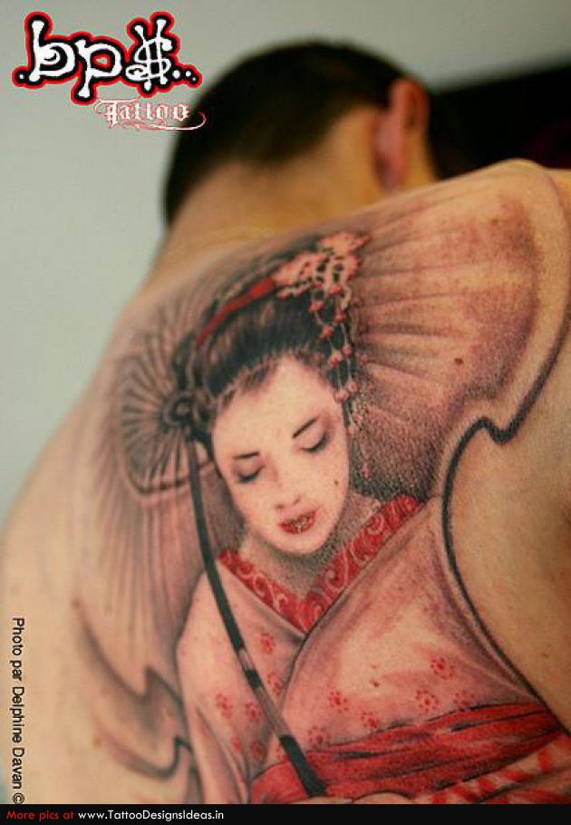 Red And Grey Geisha Tattoo On Man Back