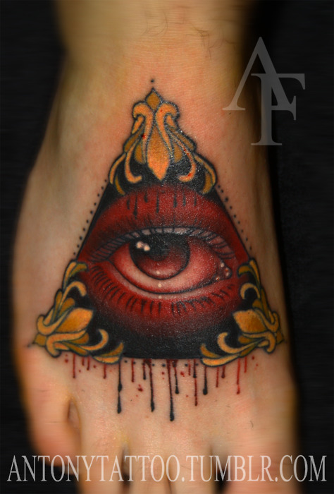 Red And Yellow Illuminati Eye Tattoo On Man Foot By Antonya