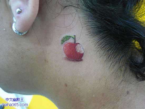 Red Bite Apple Fruit Tattoo On Girl Side Neck