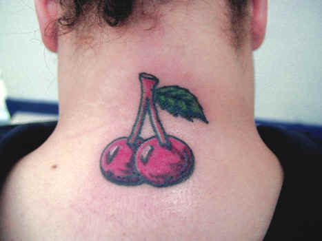 Red Cherry Tattoo On Back Neck
