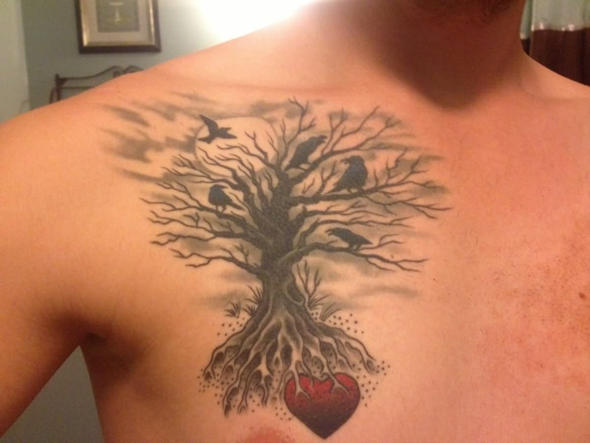 Red Heart In Black Tree Root Tattoo On Man Chest