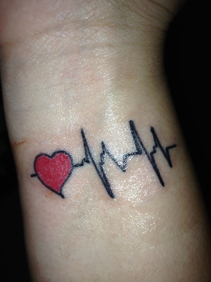 Red Heart With Black Heartbeat Tattoo On Wrist