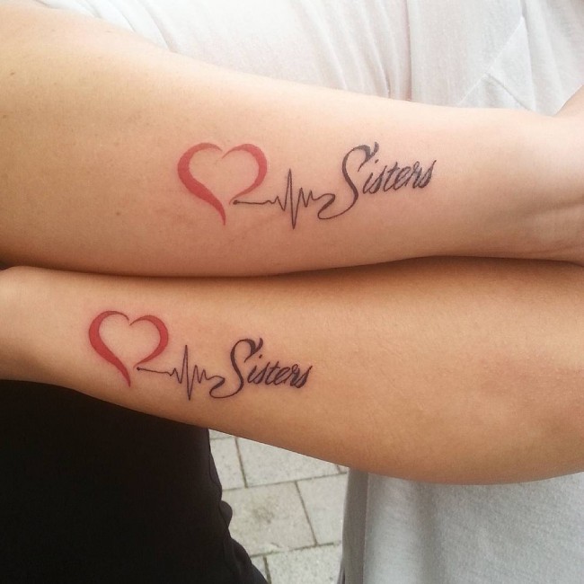 Red Heart With Heartbeat Sisters Tattoo On Forearm