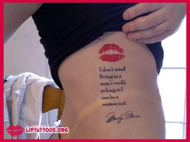 Red Lip Print With Message Tattoo On Side Rib