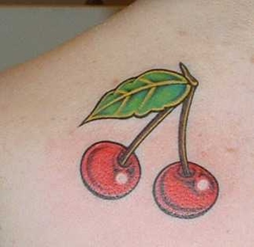 Red Two Cherry Tattoo On Back Shoulder