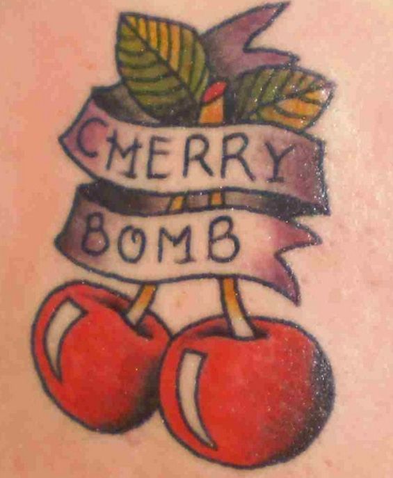 Red Two Cherry With Banner Tattoo Design