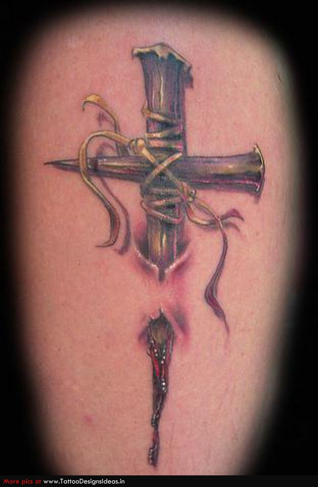 Religious Ripped Skin Wooden Cross Tattoo Design