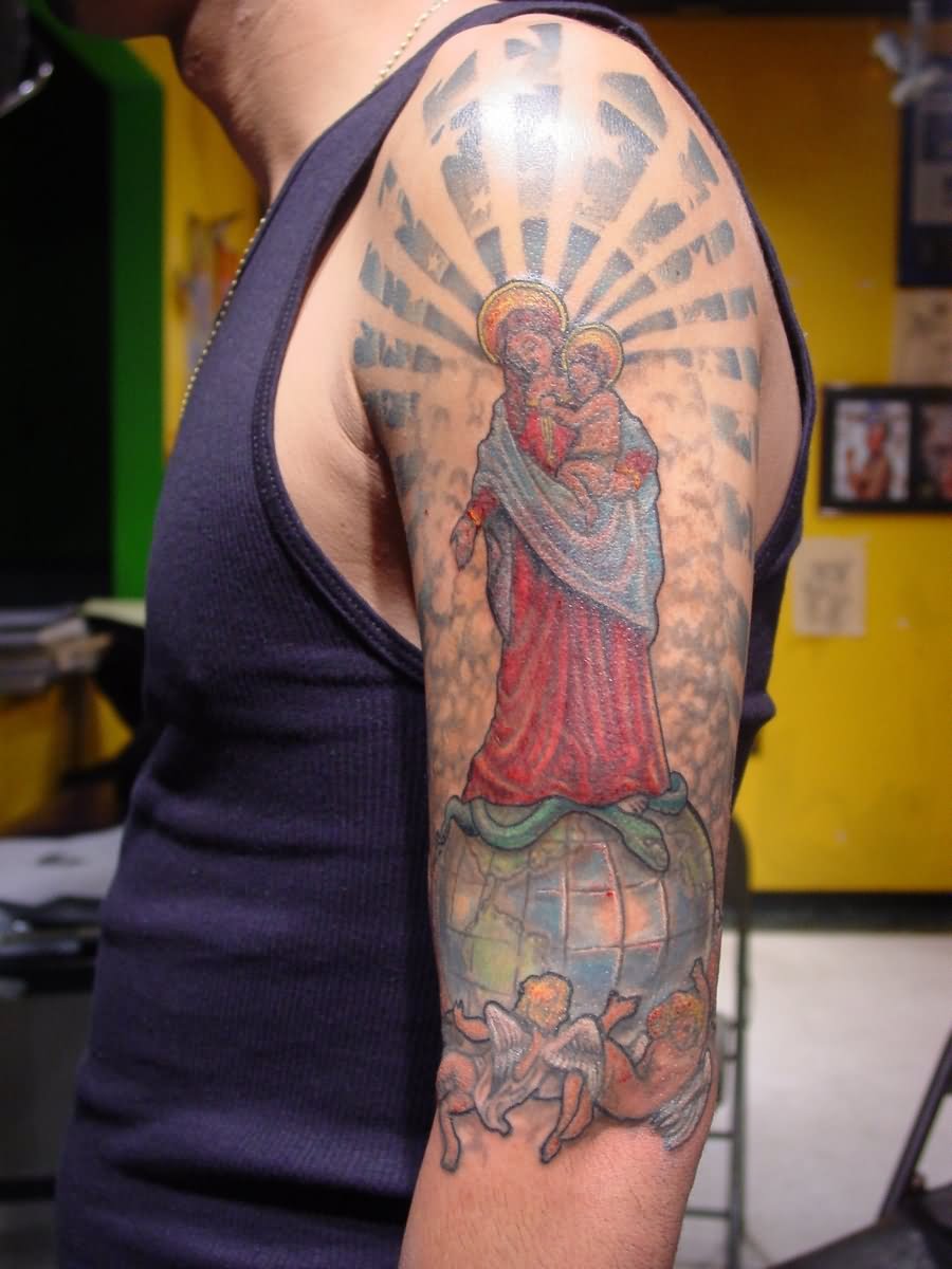 Virgin Mary Tattoo On Half Sleeve