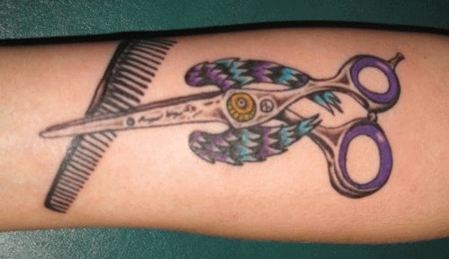 Scissor With Colorful Wings And Comb Tattoo Design