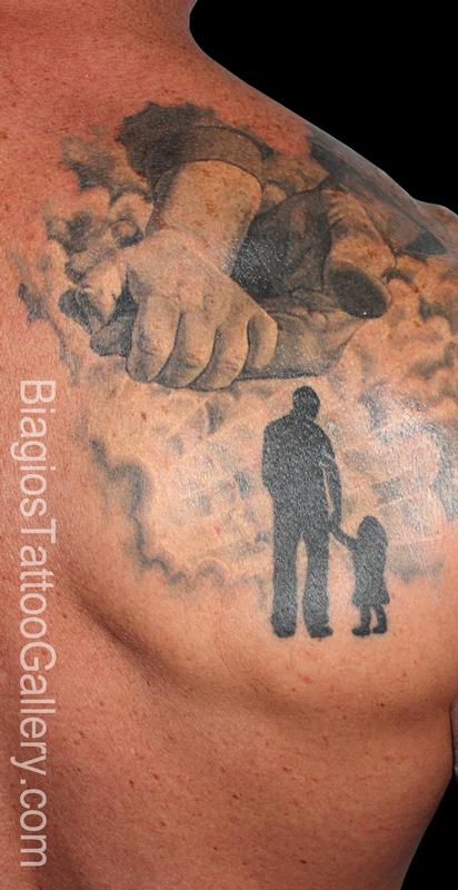 Silhouette Father With Daughter Tattoo On Man Back Shoulder