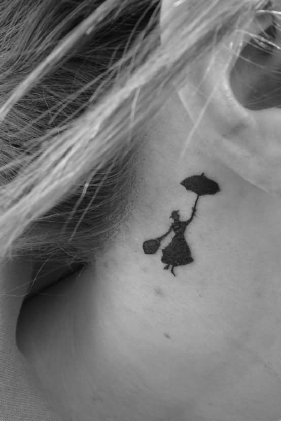 Silhouette Girl With Umbrella Tattoo On Behind The Ear
