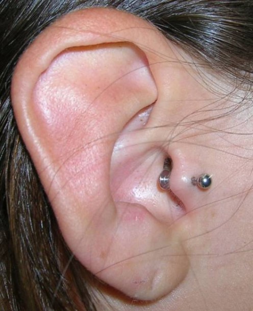 Silver Stud Tragus Piercing On Girl Right Ear