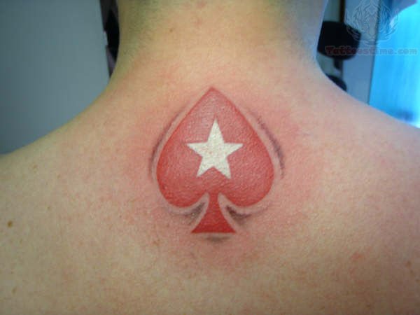 Star In Red Ace Tattoo On Man Upper Back