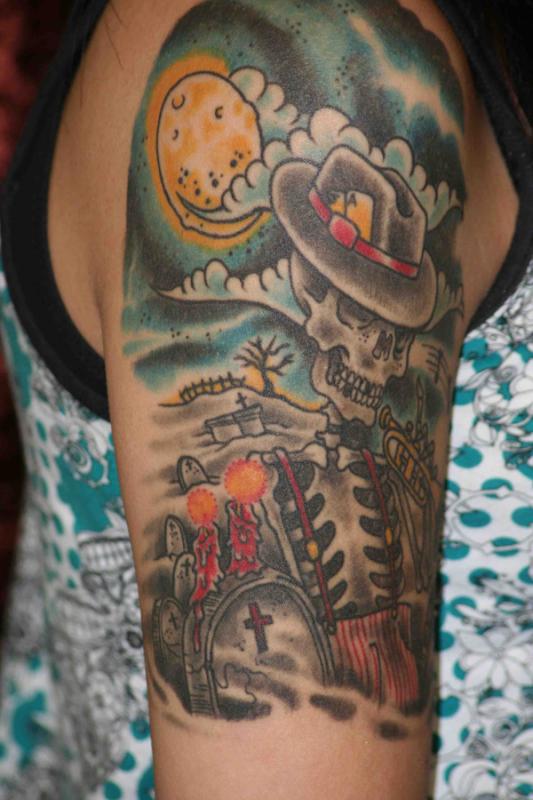 Sun n Skeleton Graveyard Tattoo On Left Half Sleeve