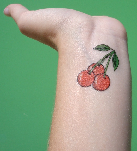 Three Red Cherry Tattoo On Wrist