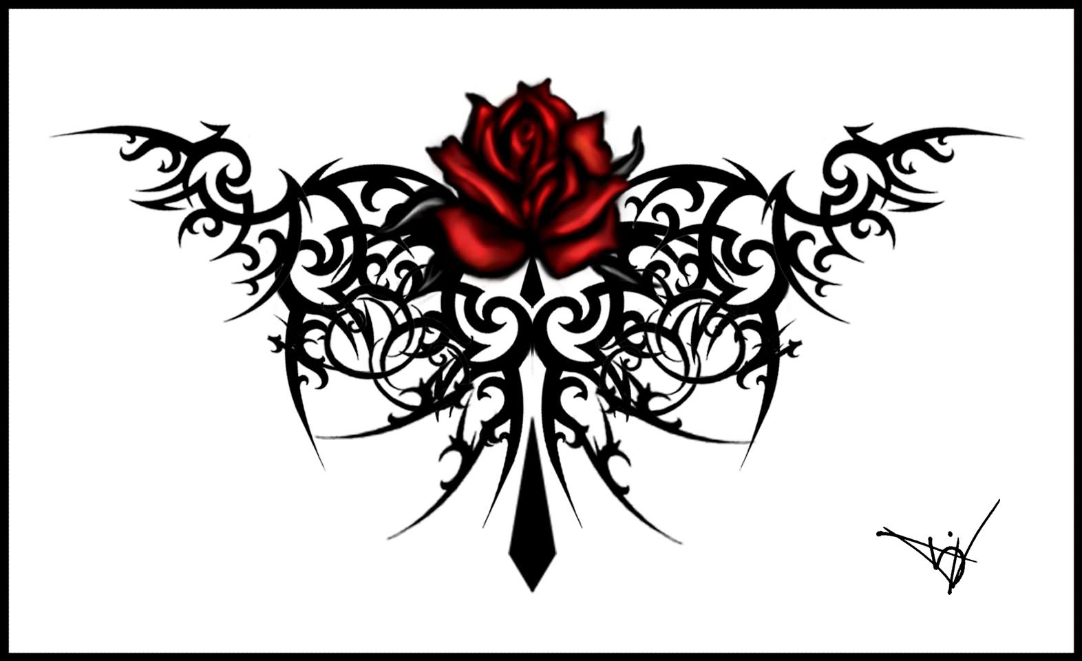 Tribal Cross And Gothic Rose Tattoo Design Idea
