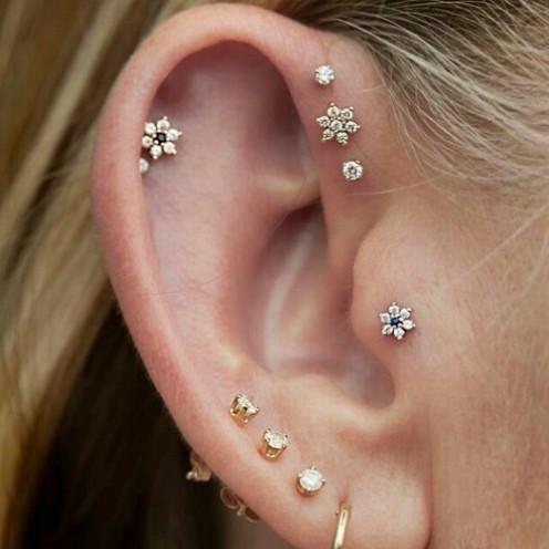 Tripple Lobe Piercing With Gold Studs and Tragus Piercing With Flower Stud