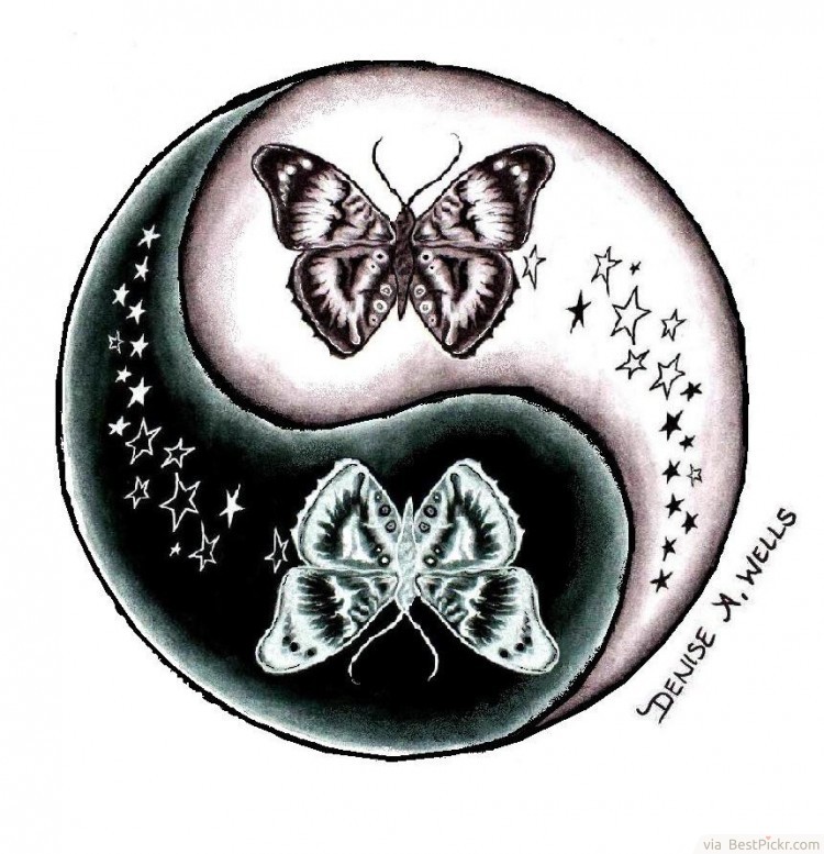 Two Butterfly With Tiny Stars In Yin Yang Tattoo Design