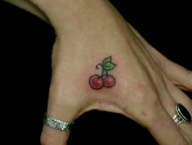 Two Little Cherry Tattoo On Hand