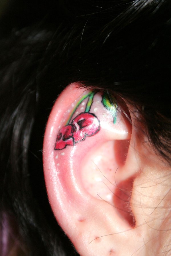 Two Little Cherry Tattoo On Inside The Ear