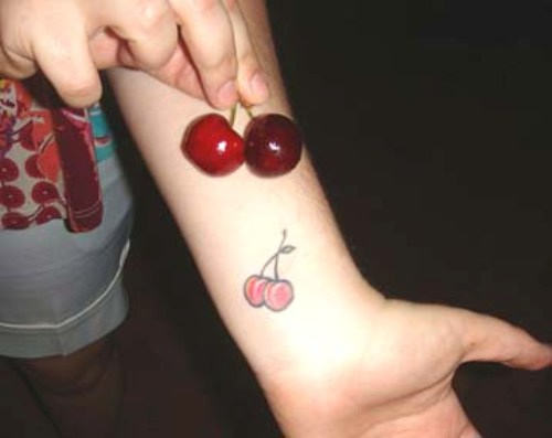 Two Red Cherry Fruit Tattoo On Wrist
