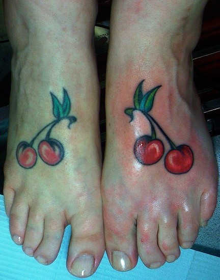 Two Red Cherry Tattoo On Feet