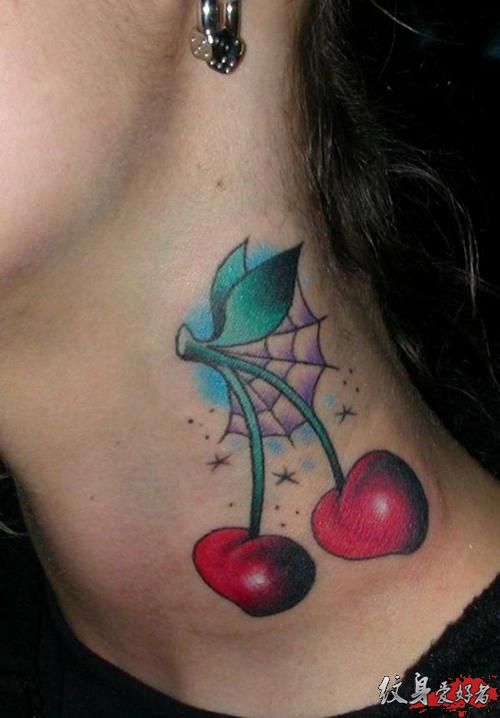 Two Red Cherry Tattoo On Girl Side Neck