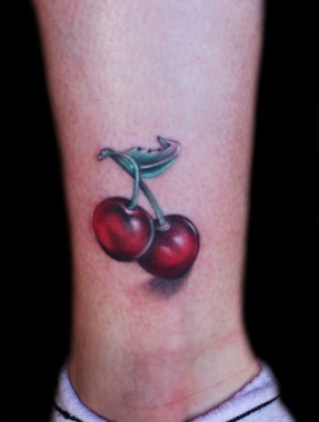 Two Red Cherry Tattoo On Leg