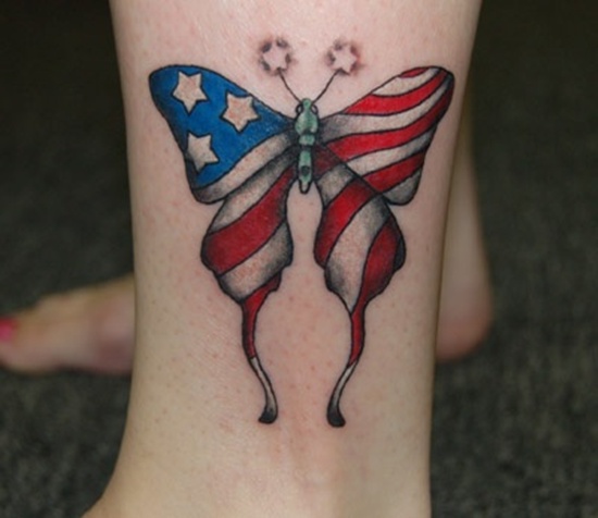 USA Flag Butterfly Tattoo On Girl Leg