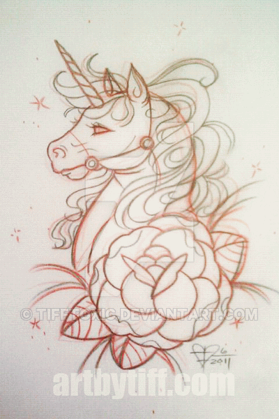 Unicorn With Rose Outline Tattoo Stencil By Tiffany Flaherty
