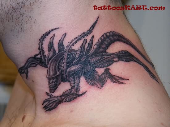 Unique Black Monster Tattoo On Man Side Neck